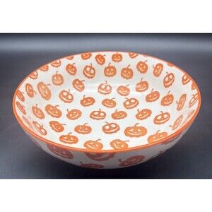 MugShotz Stoneware Orange White PUMPKIN Jack O Lantern Footed Serving Bowl 10”
